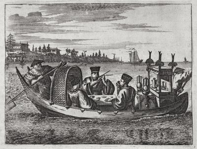 Un ricco mandarino che cena in una barca, illustrazione da una descrizione delle ambasciate in Cina, 1690 da English School